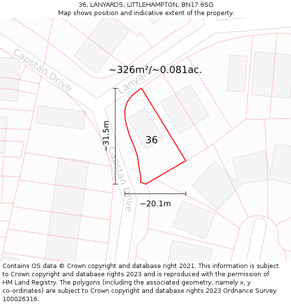 36, LANYARDS, LITTLEHAMPTON, BN17 6SG: Plot and title map