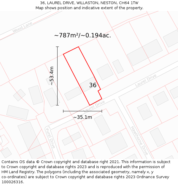 36, LAUREL DRIVE, WILLASTON, NESTON, CH64 1TW: Plot and title map