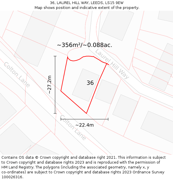 36, LAUREL HILL WAY, LEEDS, LS15 9EW: Plot and title map