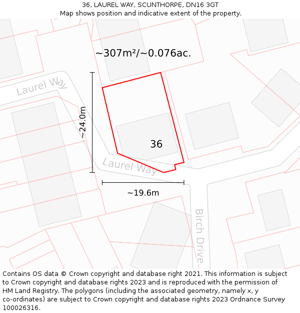 36, LAUREL WAY, SCUNTHORPE, DN16 3GT: Plot and title map