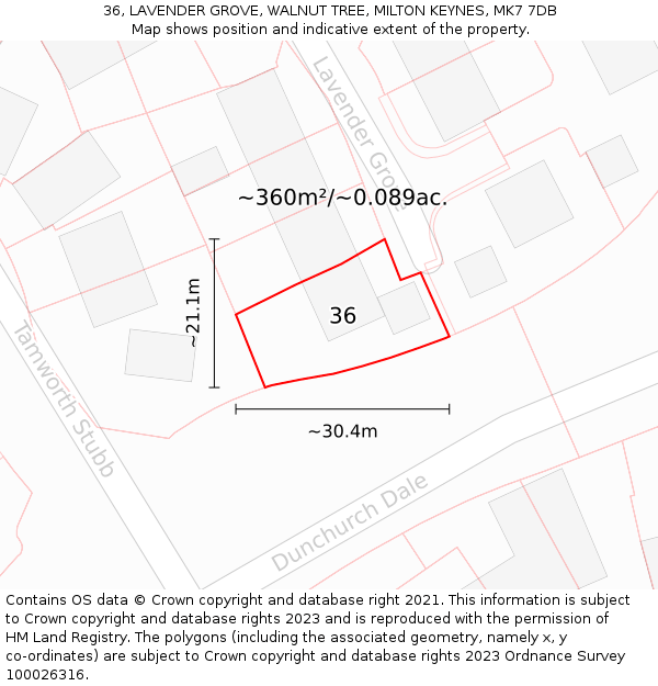 36, LAVENDER GROVE, WALNUT TREE, MILTON KEYNES, MK7 7DB: Plot and title map