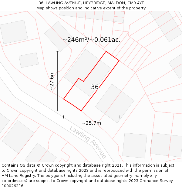 36, LAWLING AVENUE, HEYBRIDGE, MALDON, CM9 4YT: Plot and title map