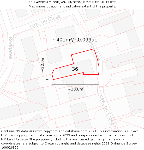 36, LAWSON CLOSE, WALKINGTON, BEVERLEY, HU17 8TR: Plot and title map