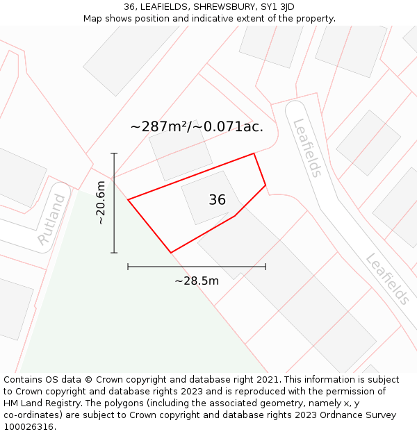 36, LEAFIELDS, SHREWSBURY, SY1 3JD: Plot and title map