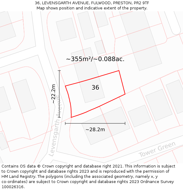 36, LEVENSGARTH AVENUE, FULWOOD, PRESTON, PR2 9TF: Plot and title map