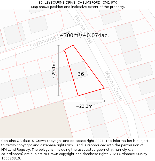 36, LEYBOURNE DRIVE, CHELMSFORD, CM1 6TX: Plot and title map