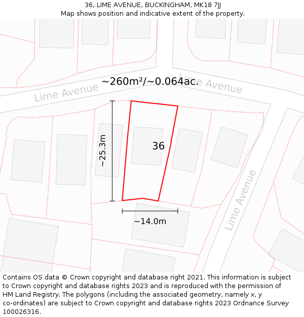 36, LIME AVENUE, BUCKINGHAM, MK18 7JJ: Plot and title map