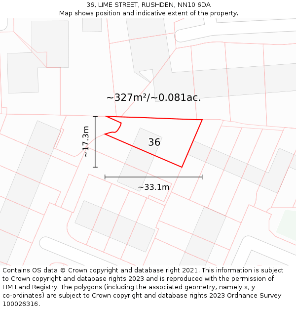 36, LIME STREET, RUSHDEN, NN10 6DA: Plot and title map