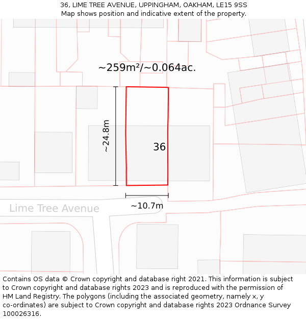 36, LIME TREE AVENUE, UPPINGHAM, OAKHAM, LE15 9SS: Plot and title map