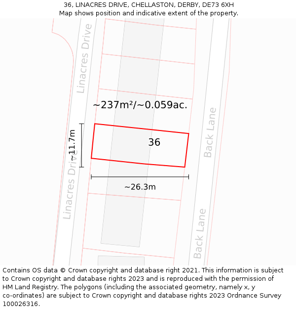 36, LINACRES DRIVE, CHELLASTON, DERBY, DE73 6XH: Plot and title map