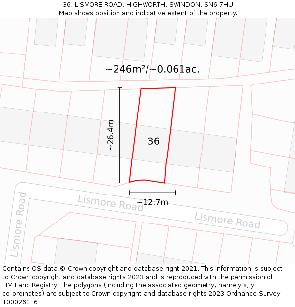36, LISMORE ROAD, HIGHWORTH, SWINDON, SN6 7HU: Plot and title map
