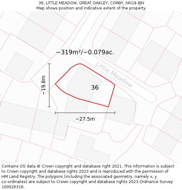 36, LITTLE MEADOW, GREAT OAKLEY, CORBY, NN18 8JN: Plot and title map