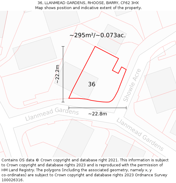 36, LLANMEAD GARDENS, RHOOSE, BARRY, CF62 3HX: Plot and title map