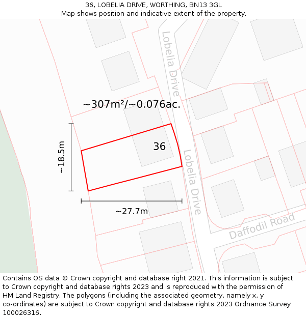36, LOBELIA DRIVE, WORTHING, BN13 3GL: Plot and title map