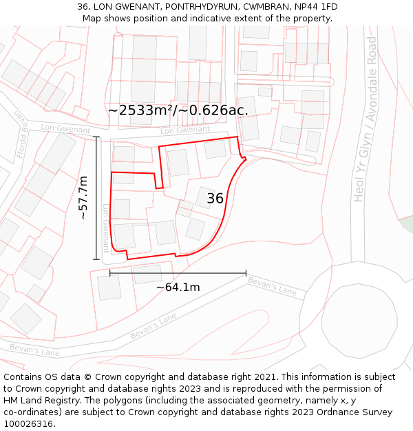 36, LON GWENANT, PONTRHYDYRUN, CWMBRAN, NP44 1FD: Plot and title map
