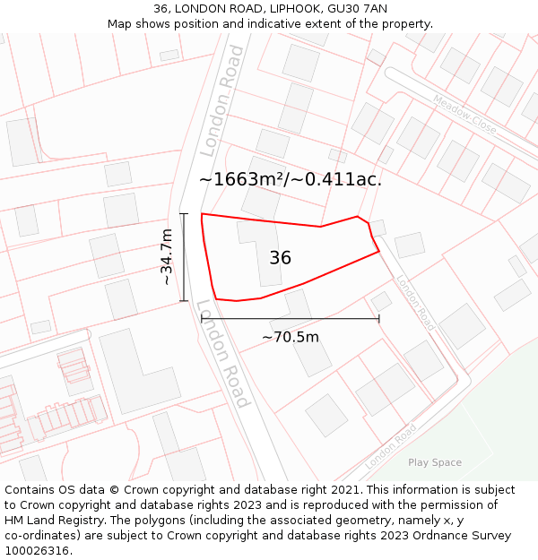 36, LONDON ROAD, LIPHOOK, GU30 7AN: Plot and title map