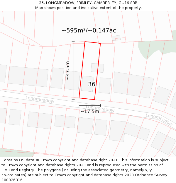 36, LONGMEADOW, FRIMLEY, CAMBERLEY, GU16 8RR: Plot and title map