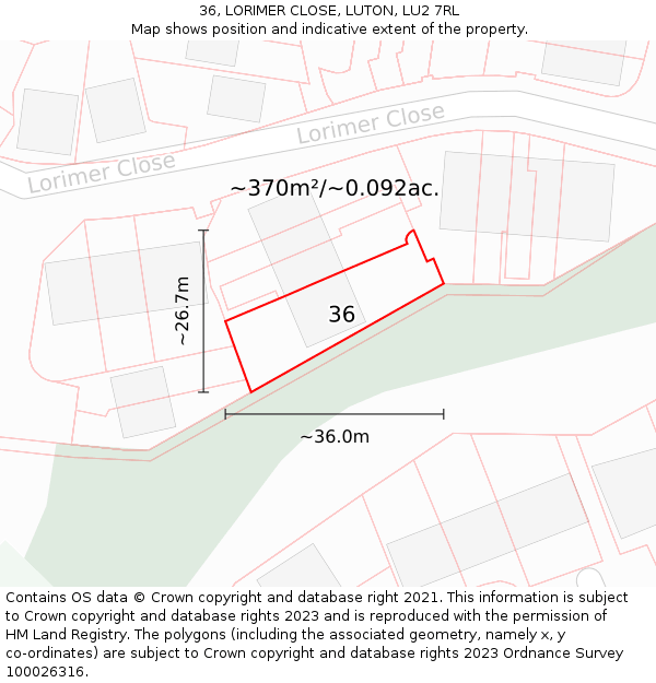 36, LORIMER CLOSE, LUTON, LU2 7RL: Plot and title map