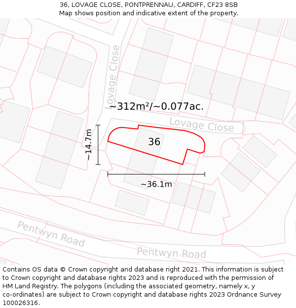 36, LOVAGE CLOSE, PONTPRENNAU, CARDIFF, CF23 8SB: Plot and title map