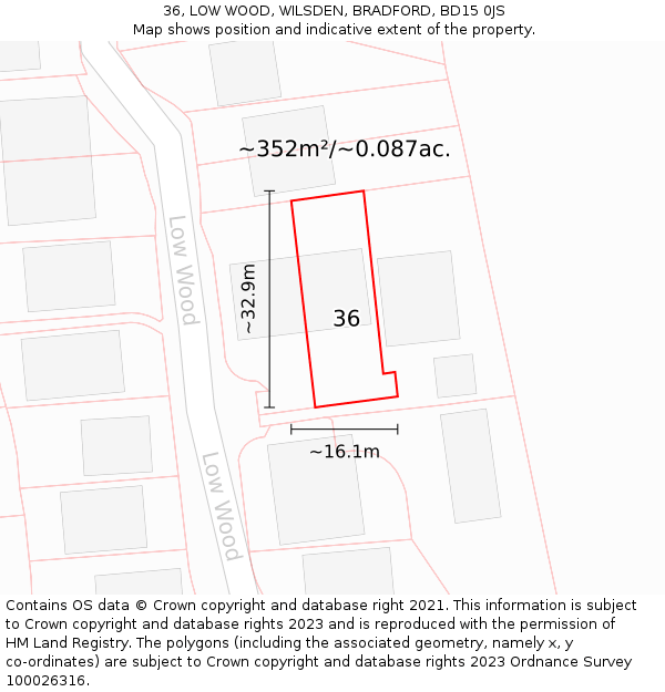 36, LOW WOOD, WILSDEN, BRADFORD, BD15 0JS: Plot and title map