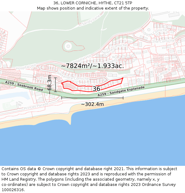 36, LOWER CORNICHE, HYTHE, CT21 5TP: Plot and title map