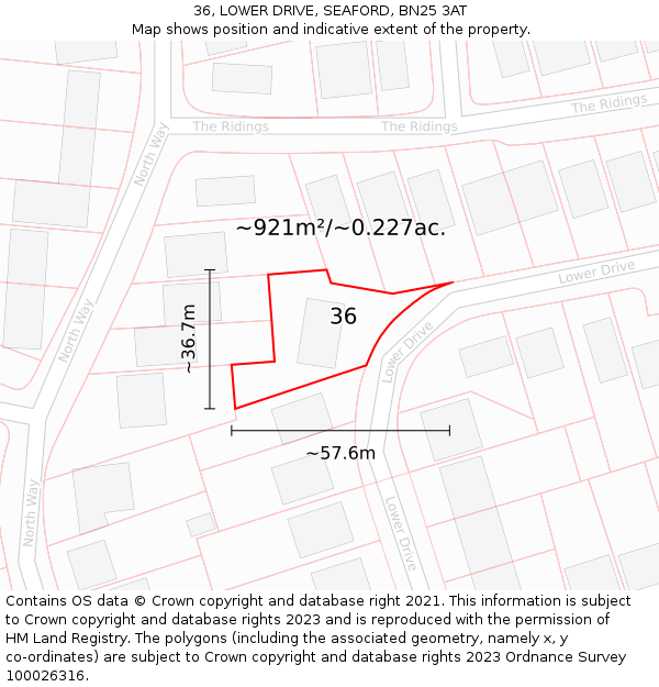36, LOWER DRIVE, SEAFORD, BN25 3AT: Plot and title map
