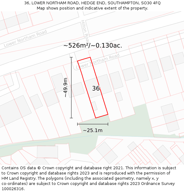 36, LOWER NORTHAM ROAD, HEDGE END, SOUTHAMPTON, SO30 4FQ: Plot and title map