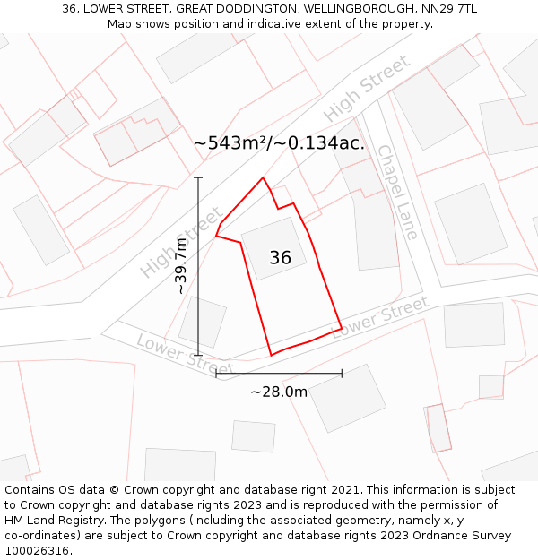 36, LOWER STREET, GREAT DODDINGTON, WELLINGBOROUGH, NN29 7TL: Plot and title map