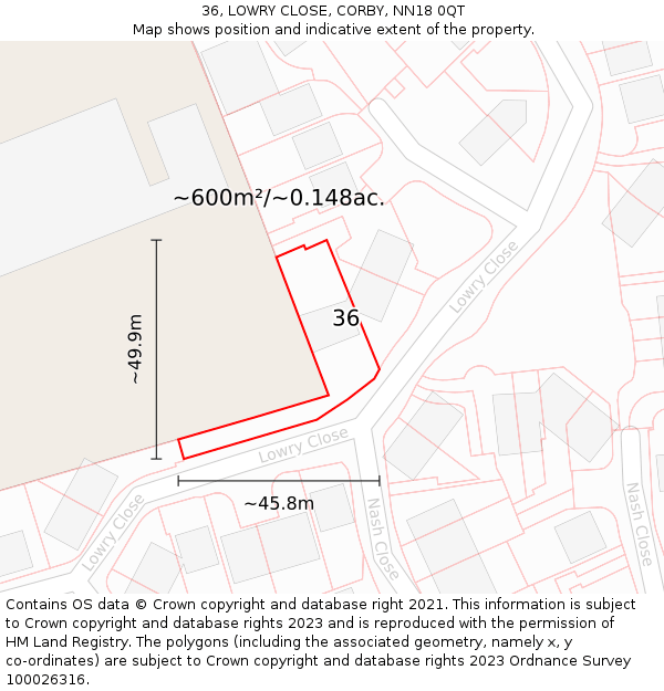 36, LOWRY CLOSE, CORBY, NN18 0QT: Plot and title map