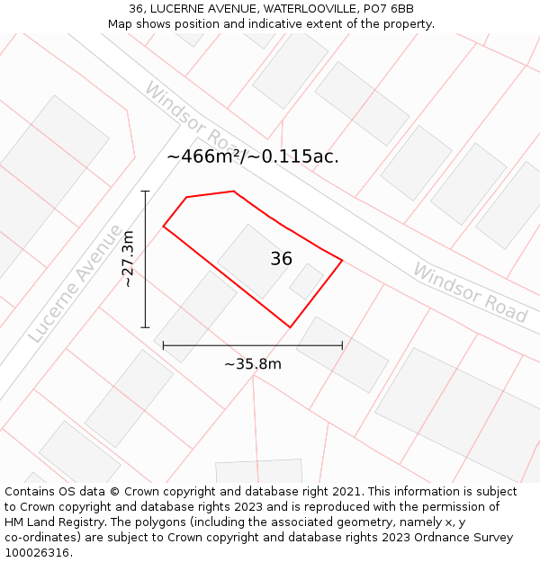 36, LUCERNE AVENUE, WATERLOOVILLE, PO7 6BB: Plot and title map