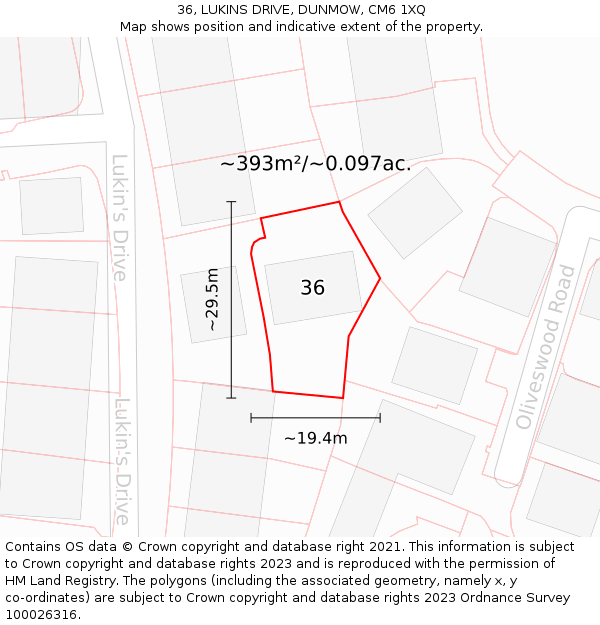 36, LUKINS DRIVE, DUNMOW, CM6 1XQ: Plot and title map