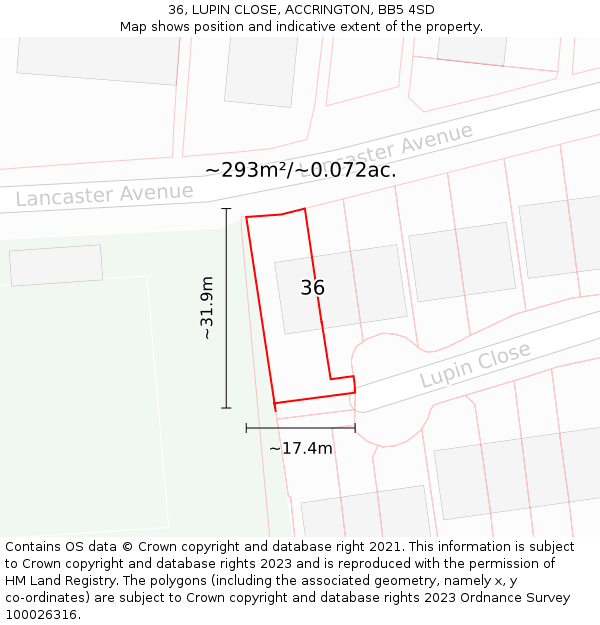 36, LUPIN CLOSE, ACCRINGTON, BB5 4SD: Plot and title map