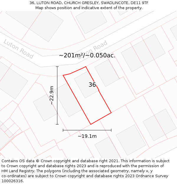 36, LUTON ROAD, CHURCH GRESLEY, SWADLINCOTE, DE11 9TF: Plot and title map