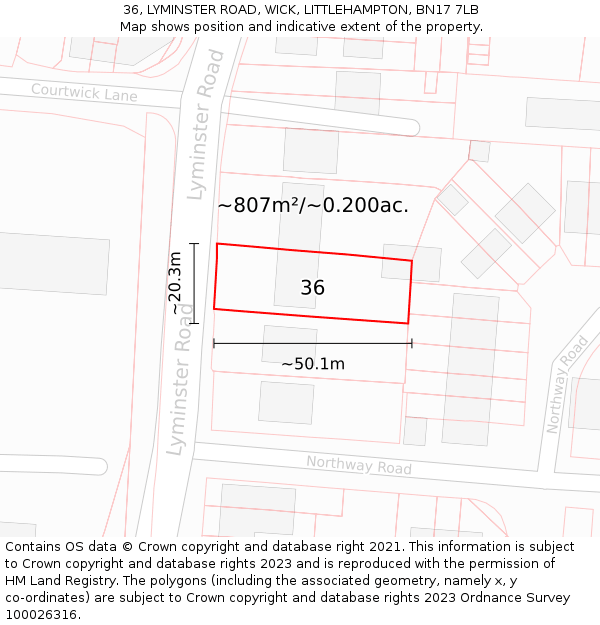 36, LYMINSTER ROAD, WICK, LITTLEHAMPTON, BN17 7LB: Plot and title map