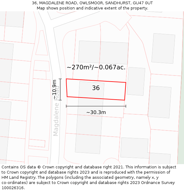 36, MAGDALENE ROAD, OWLSMOOR, SANDHURST, GU47 0UT: Plot and title map