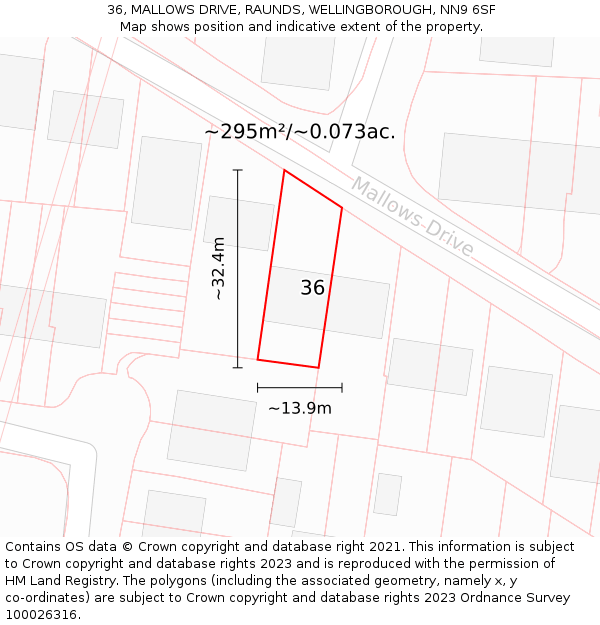 36, MALLOWS DRIVE, RAUNDS, WELLINGBOROUGH, NN9 6SF: Plot and title map