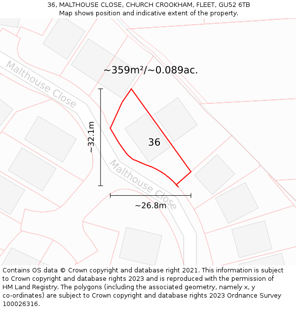 36, MALTHOUSE CLOSE, CHURCH CROOKHAM, FLEET, GU52 6TB: Plot and title map