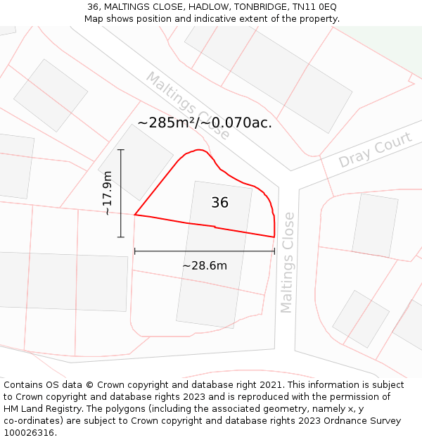 36, MALTINGS CLOSE, HADLOW, TONBRIDGE, TN11 0EQ: Plot and title map