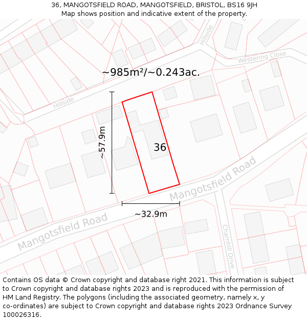 36, MANGOTSFIELD ROAD, MANGOTSFIELD, BRISTOL, BS16 9JH: Plot and title map