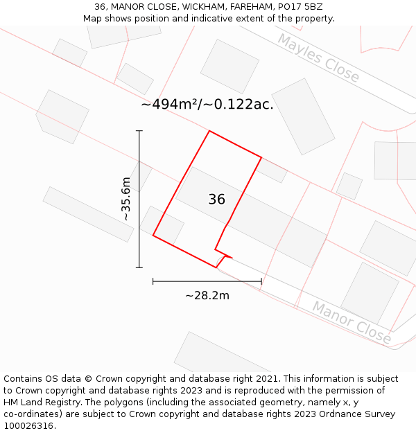 36, MANOR CLOSE, WICKHAM, FAREHAM, PO17 5BZ: Plot and title map
