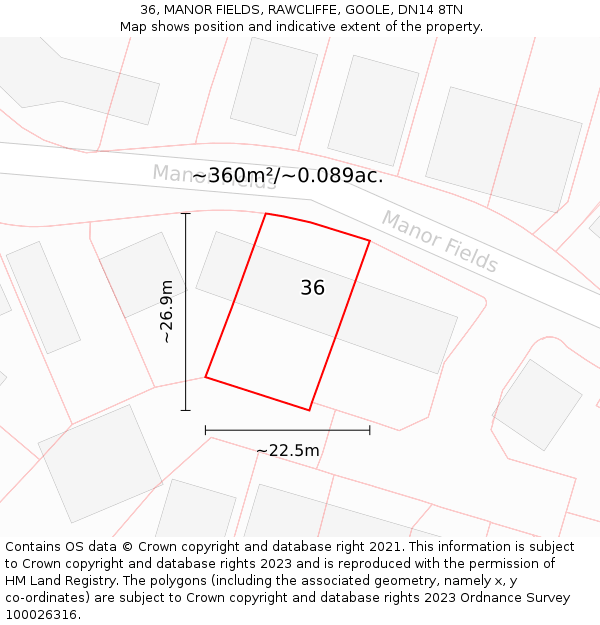 36, MANOR FIELDS, RAWCLIFFE, GOOLE, DN14 8TN: Plot and title map