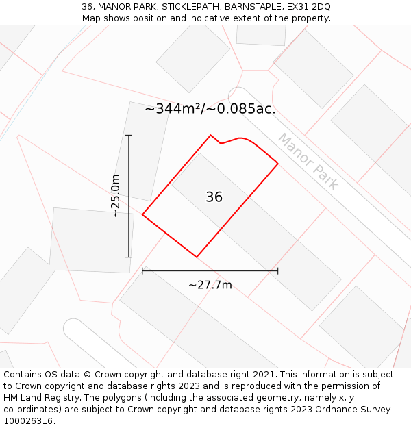 36, MANOR PARK, STICKLEPATH, BARNSTAPLE, EX31 2DQ: Plot and title map