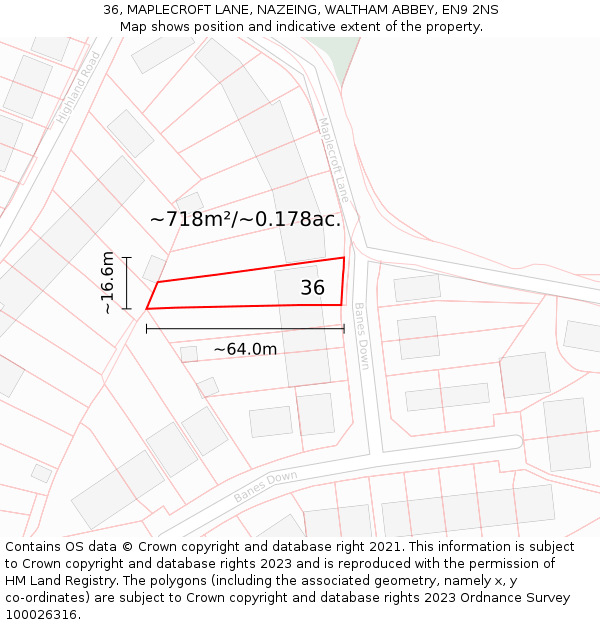 36, MAPLECROFT LANE, NAZEING, WALTHAM ABBEY, EN9 2NS: Plot and title map