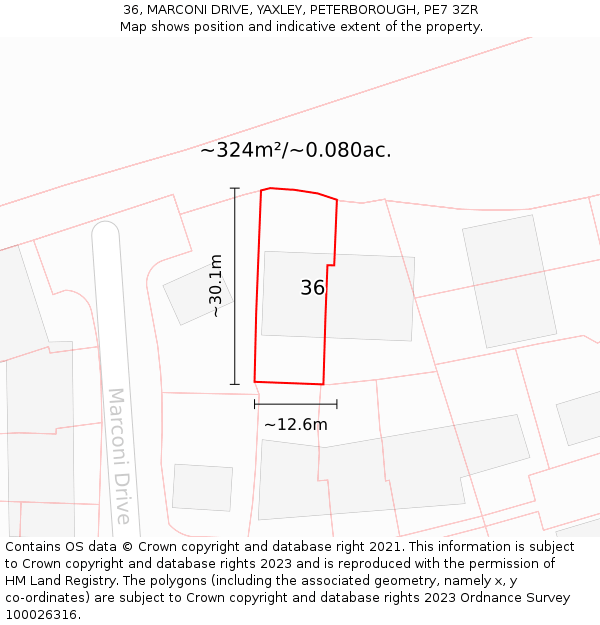 36, MARCONI DRIVE, YAXLEY, PETERBOROUGH, PE7 3ZR: Plot and title map