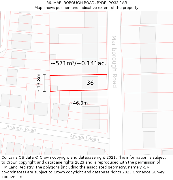 36, MARLBOROUGH ROAD, RYDE, PO33 1AB: Plot and title map