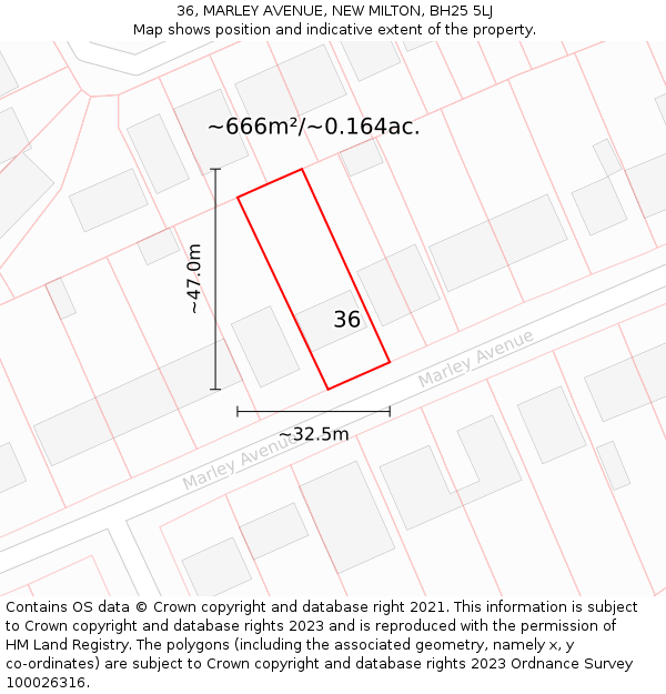 36, MARLEY AVENUE, NEW MILTON, BH25 5LJ: Plot and title map