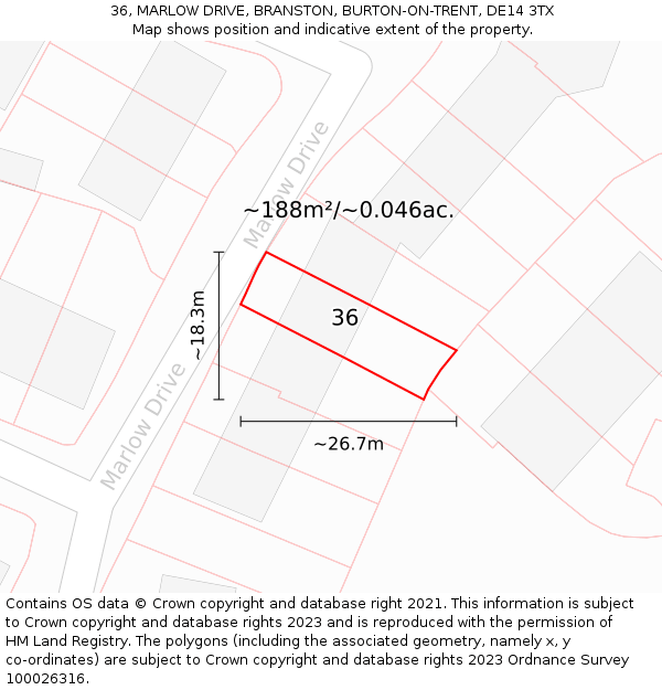 36, MARLOW DRIVE, BRANSTON, BURTON-ON-TRENT, DE14 3TX: Plot and title map