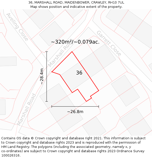 36, MARSHALL ROAD, MAIDENBOWER, CRAWLEY, RH10 7UL: Plot and title map