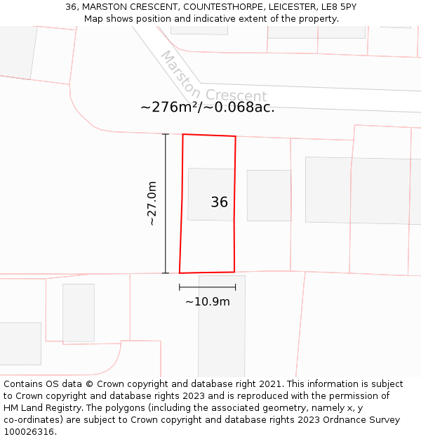 36, MARSTON CRESCENT, COUNTESTHORPE, LEICESTER, LE8 5PY: Plot and title map