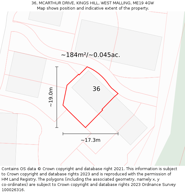36, MCARTHUR DRIVE, KINGS HILL, WEST MALLING, ME19 4GW: Plot and title map